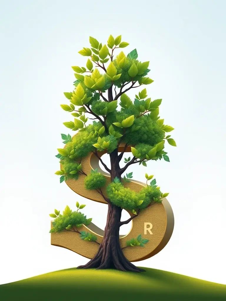 A South African Rand currency symbol transforming into a tree with healthy leaves, representing financial growth and stability.