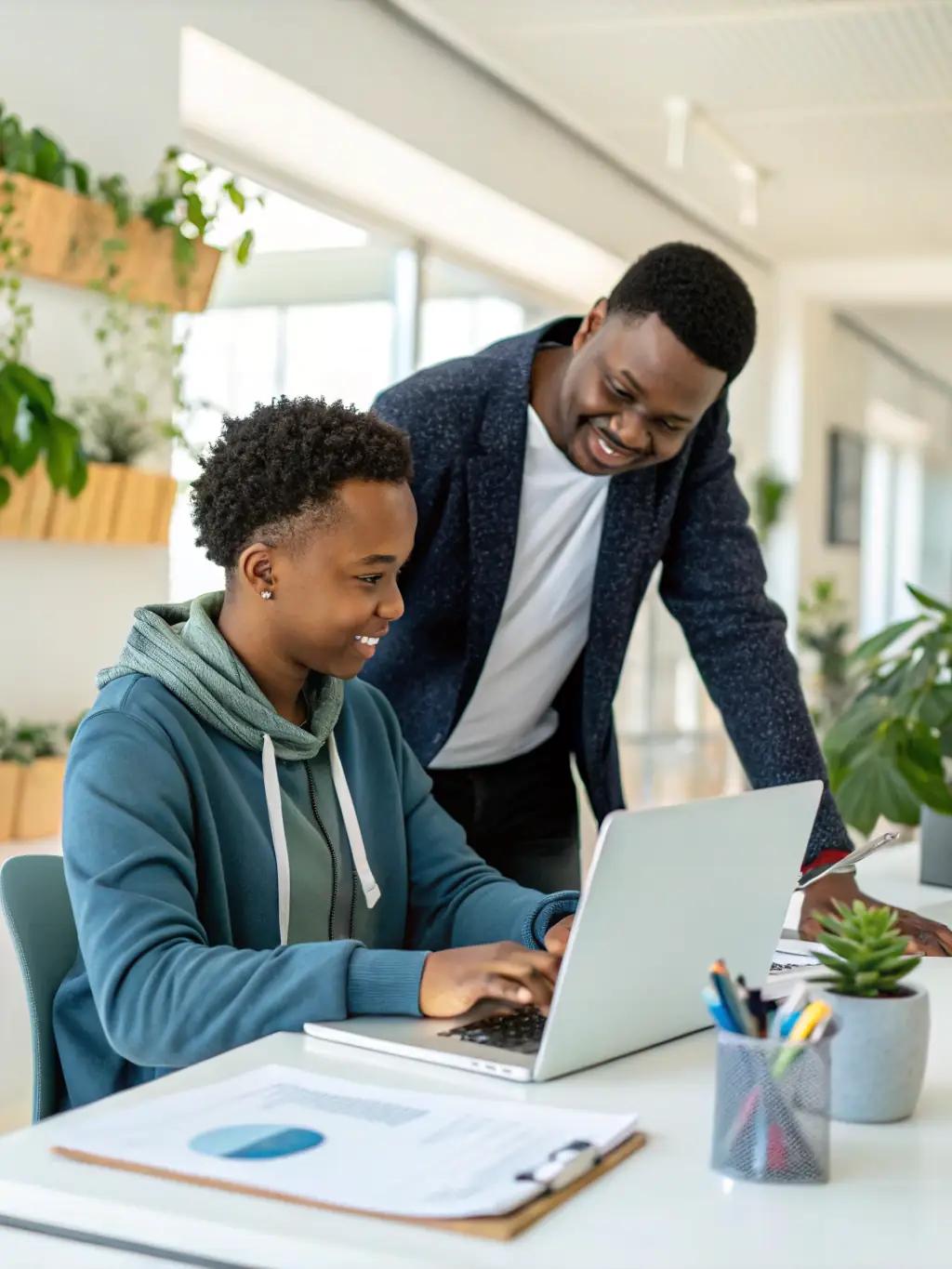 A young South African professional smiling confidently while reviewing financial charts on a laptop in a modern co-working space, symbolizing empowerment through financial literacy.