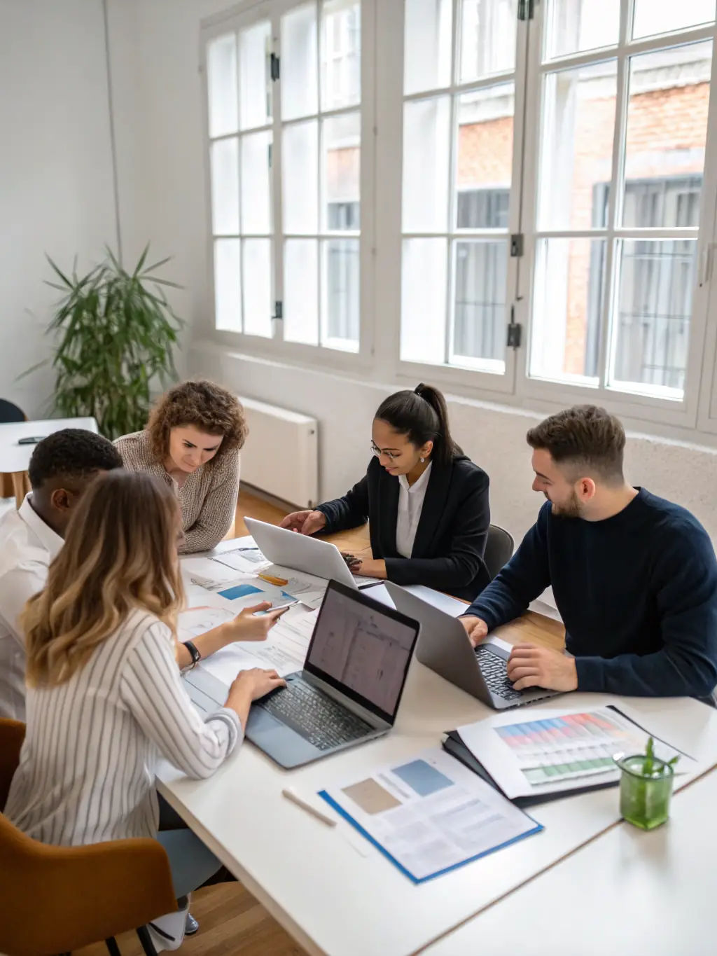 A diverse group of young professionals in South Africa collaborating on financial planning during a workshop, highlighting the community aspect of the program.