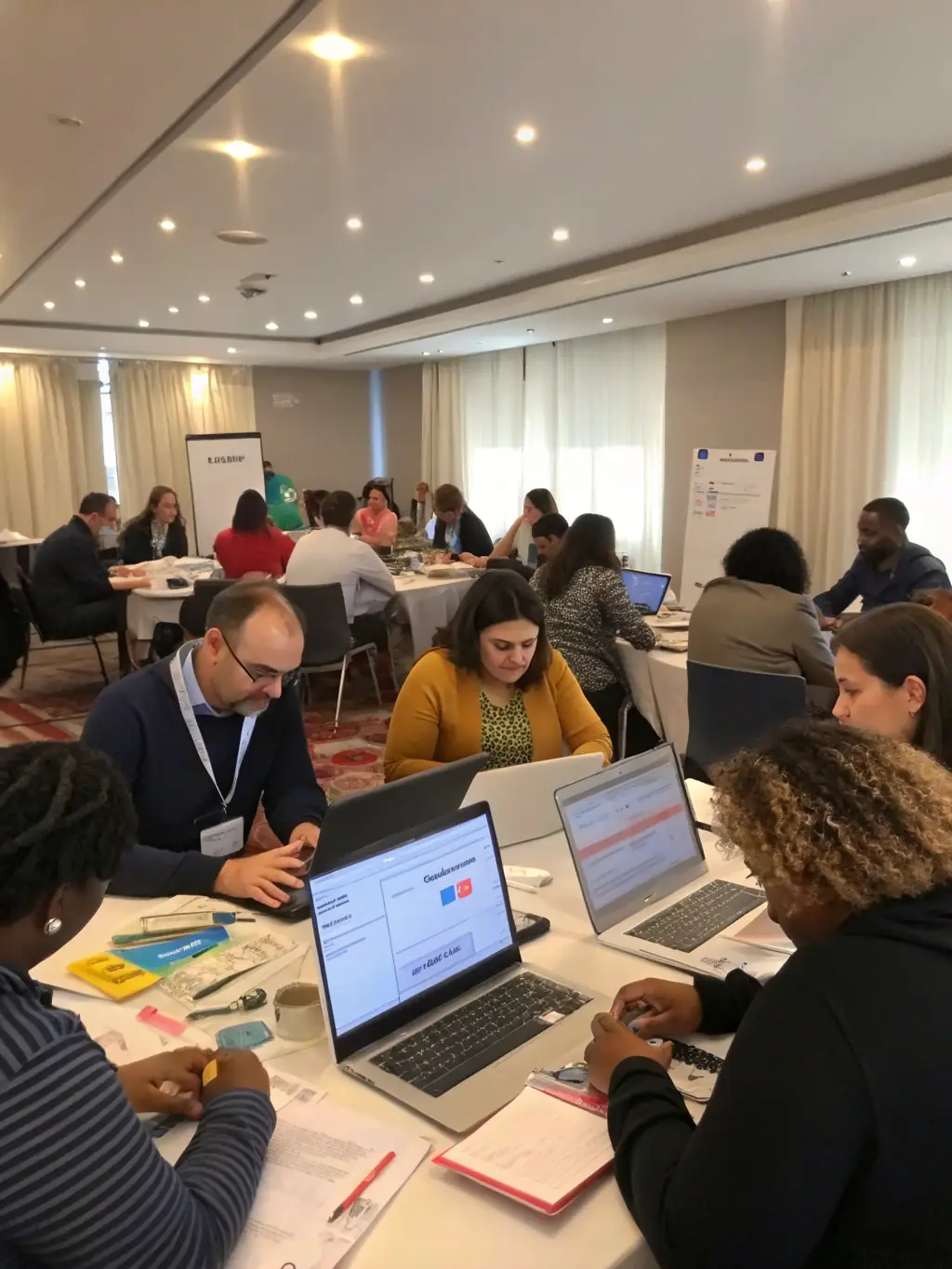 A photograph of a diverse group of young professionals in South Africa participating in a workshop or seminar, representing the program's community aspect and collaborative learning environment.